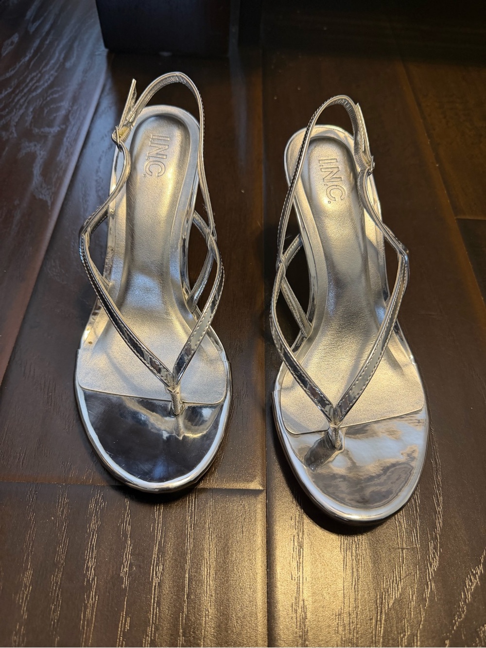 INC International Concepts Metallic Silver Slingback Thong Heels